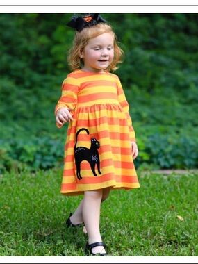 Ann Loren Orange and Yellow Striped Dress with Black Cat Applique
